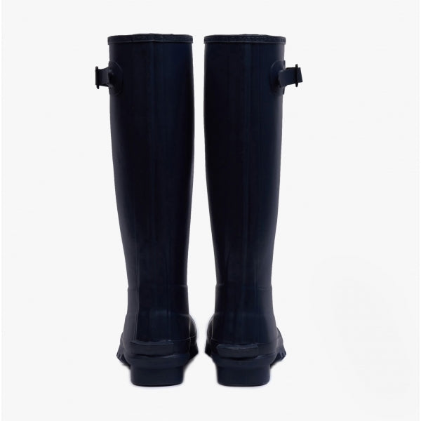 Barbour BEDE Womens Tall Wellington Boots Navy back view showcasing knee-high rubber design.