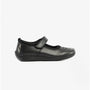 Hush Puppies AMBER JUNIOR Girls Leather School Shoes Black side view with adjustable strap and round toe design.