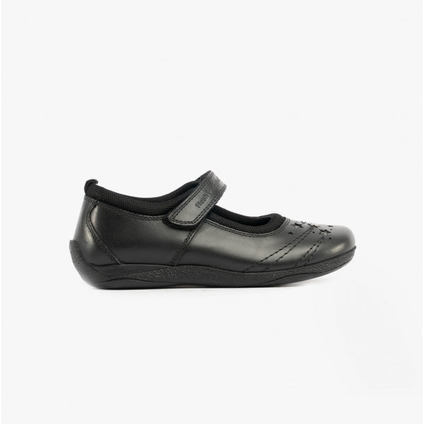 Hush Puppies AMBER JUNIOR Girls Leather School Shoes Black side view with adjustable strap and round toe design.