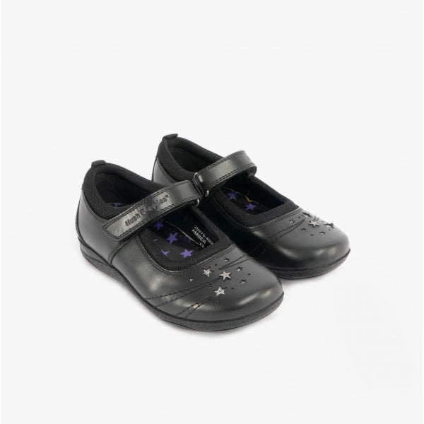 Hush Puppies AMBER JUNIOR Girls Leather School Shoes Black side view with star design and touch fasten strap