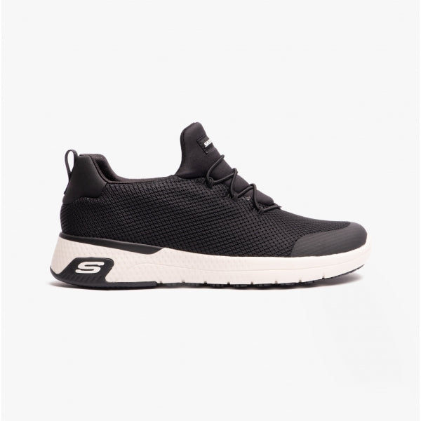 Side view of Skechers Work 77281EC MARSING - WAIOLA SR Womens Occupational Trainers Black/White with lace-up design and slip-resistant sole.