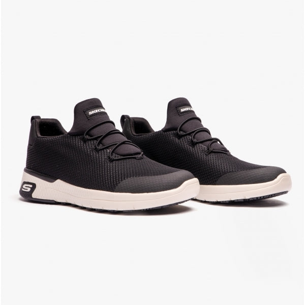 Skechers Work 77281EC MARSING - WAIOLA SR Womens Occupational Trainers Black/White side view, synthetic upper, lace-up closure.