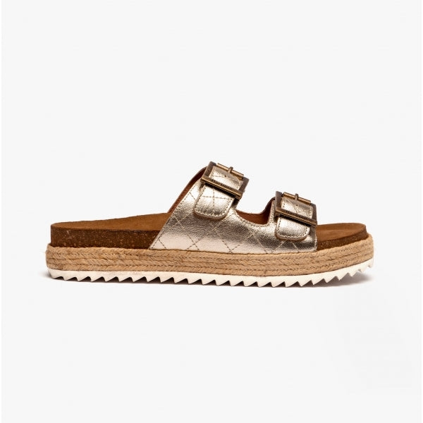 Barbour PAMELA Womens Quilted Sandals Gold Metallic side view showcasing leather upper and buckle details.