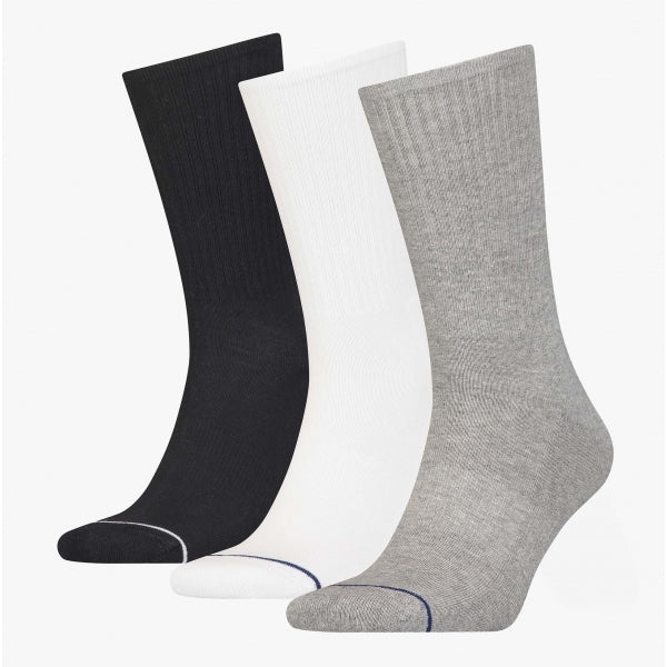 Calvin Klein 3 Pack Mens Crew Trainer Socks Grey, side view showcasing grey, black, and white socks, ribbed design.