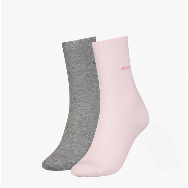 Calvin Klein 2 Pack Womens Crew Socks Pink Combo side view showing gray and pink sock pairs.
