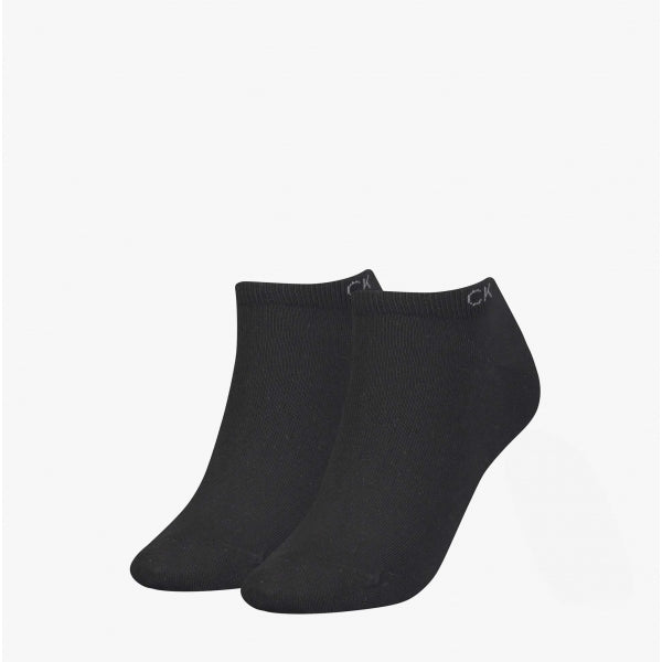 Calvin Klein 2 Pack Womens Ankle Trainer Socks Black, front view displaying two pairs of ankle socks with CK logo.