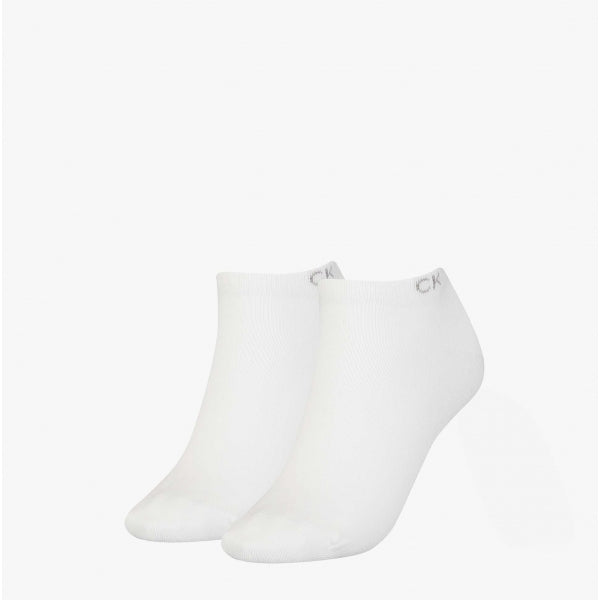 Calvin Klein 2 Pack Womens Ankle Trainer Socks White side view showcasing soft cotton blend and logo detail.