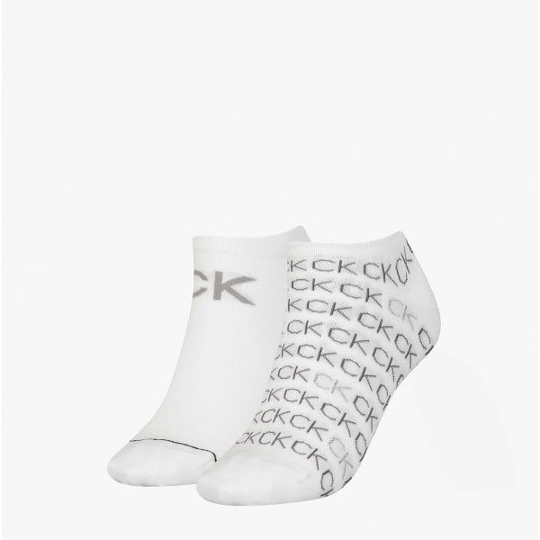 Calvin Klein 2 Pack Womens Logo Print Socks White front view showcasing logo design on ankle socks.