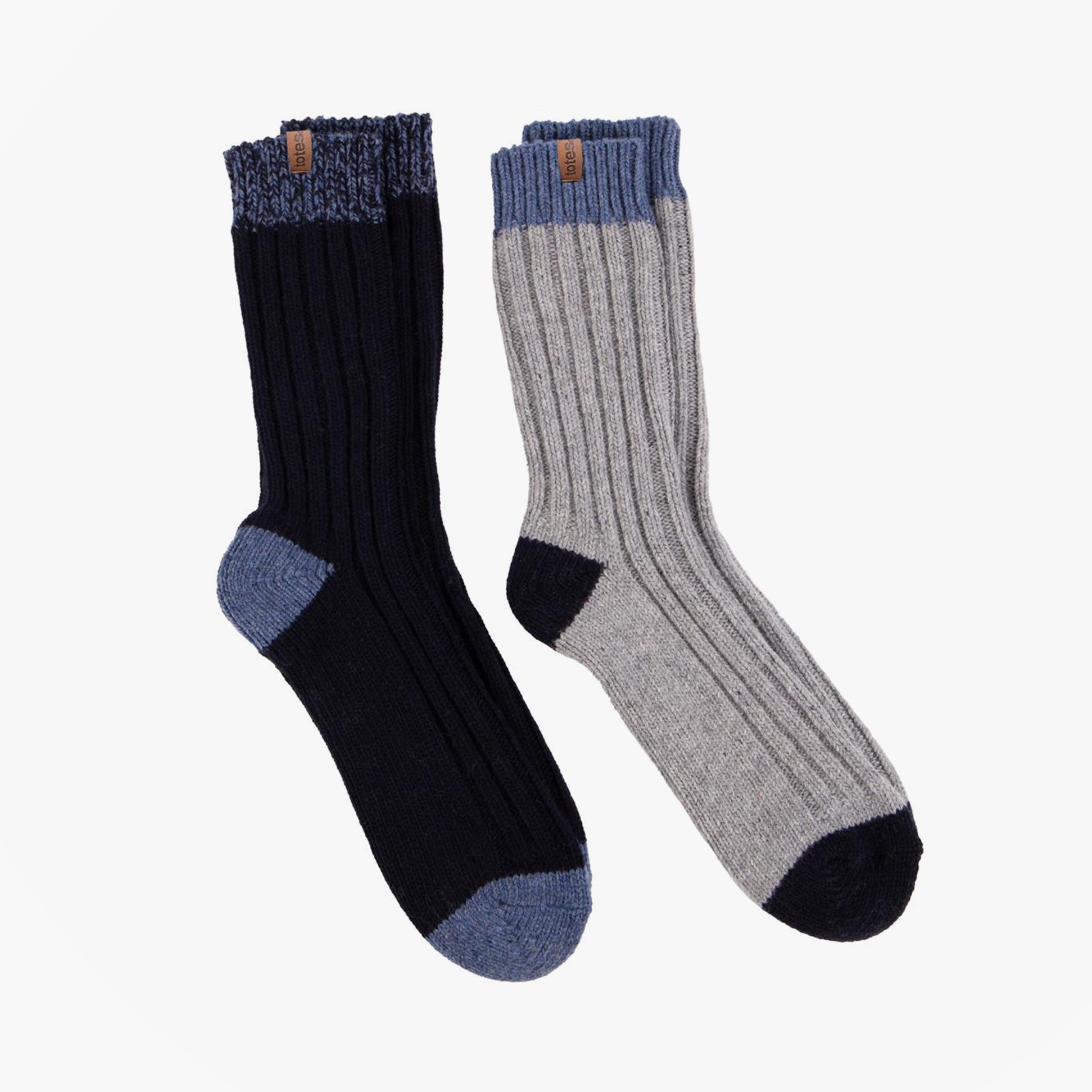 Totes Toasties 3281J CHUNKY TWIST WOOL BLEND BOOT SOCKS (TWIN PACK) Mens Thermal Socks Navy / Grey