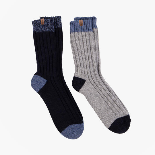 Totes Toasties 3281J CHUNKY TWIST WOOL BLEND BOOT SOCKS (TWIN PACK) Mens Thermal Socks Navy / Grey
