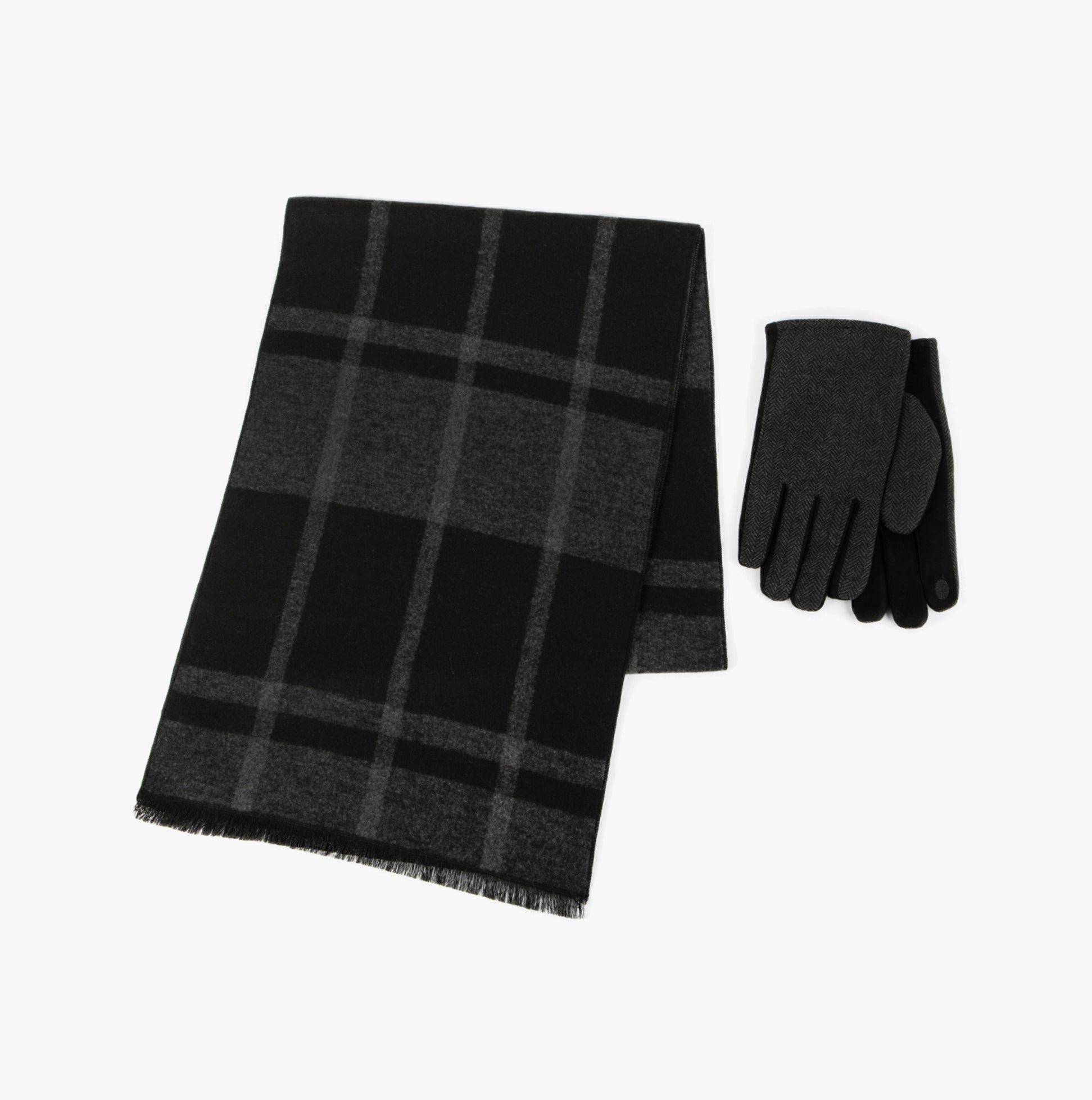 3412 WOOL BLEND CHECK SCARF & THERMAL LINED GLOVES GIFT SET Mens Winter Black