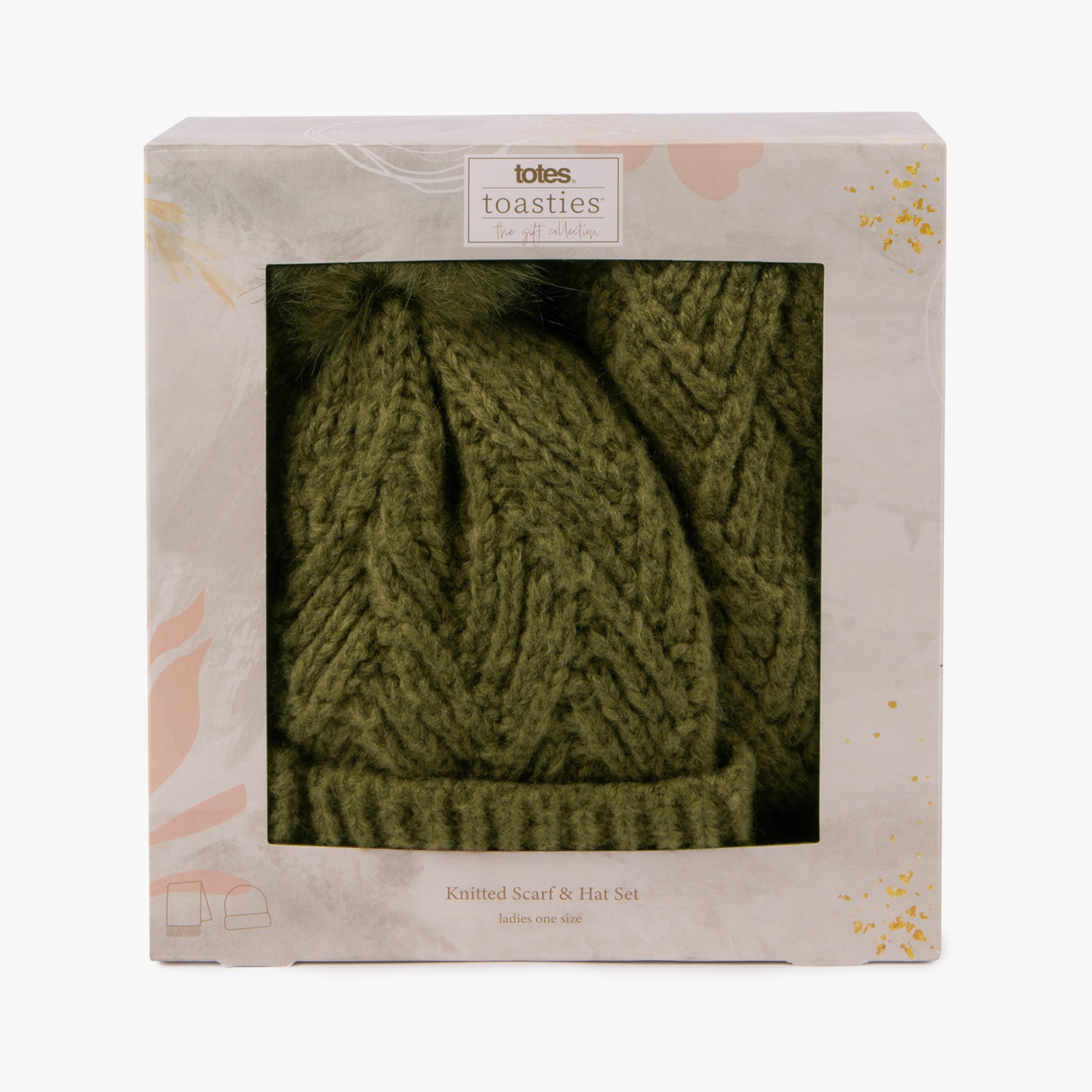 KNITTED Hat & Scarf Set Womens Khaki
