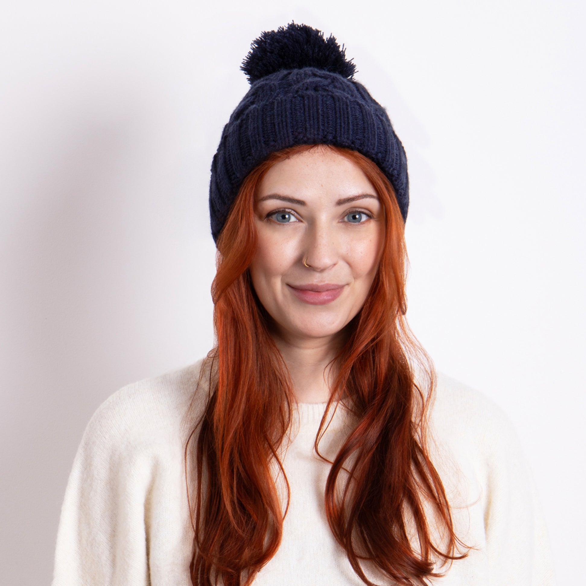 CABLE KNIT Hat with Pom Pom Womens Bobble Navy