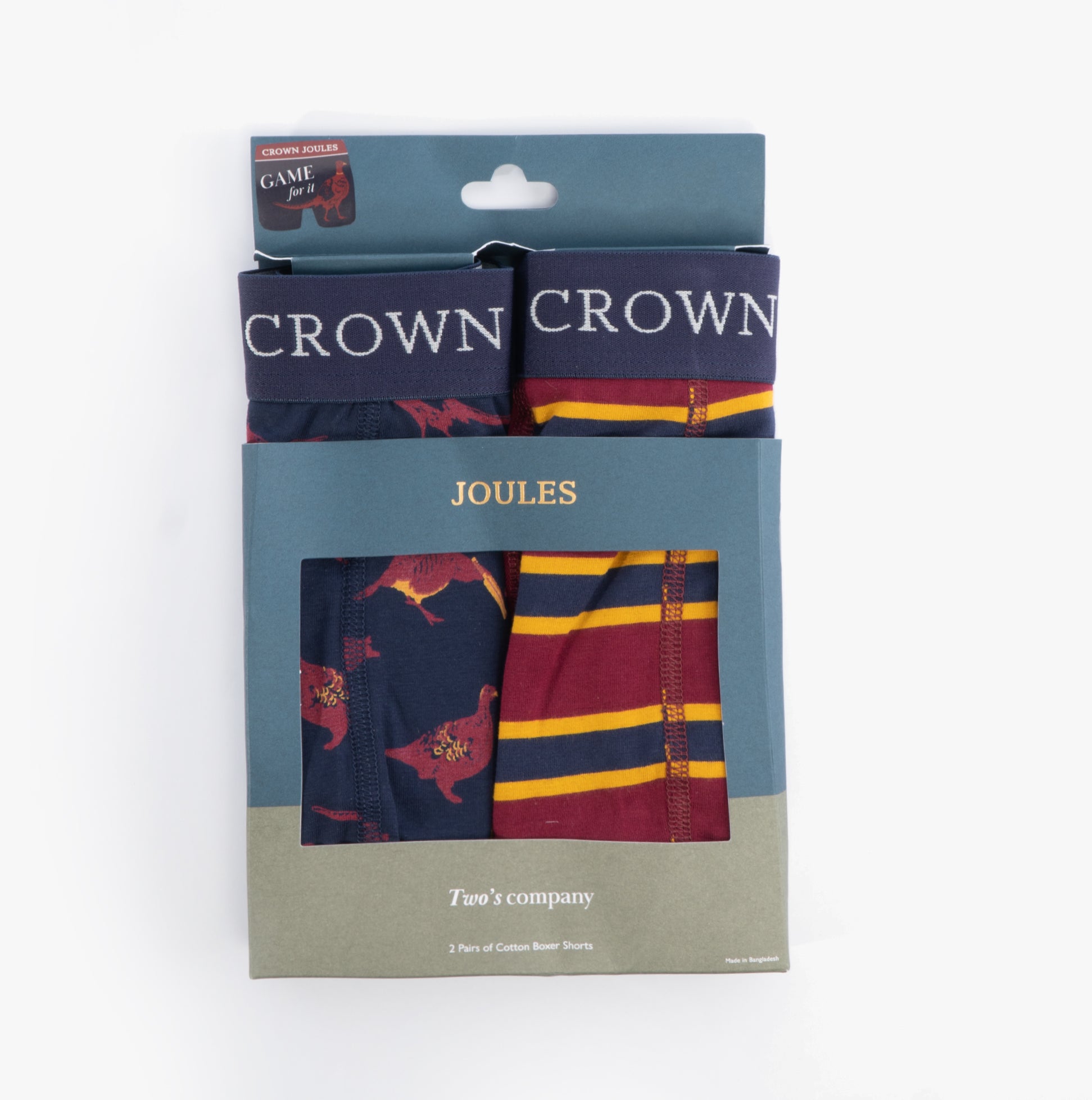 Joules CROWN JERSEY Mens 2-Pack Boxers Game Birds front view with packaging showcasing colors and patterns.