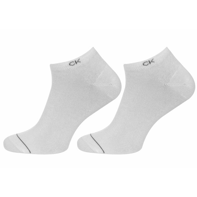 Calvin Klein 3 Pack Mens Ankle Trainer Socks White side view showcasing the ankle design and CK logo.