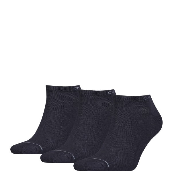 Calvin Klein 3 Pack Mens Ankle Trainer Socks Navy side view showing three pairs with reinforced heel and toe.