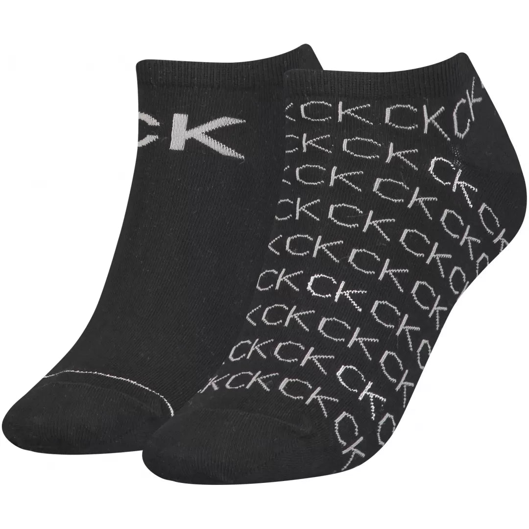 Calvin Klein 2 Pack Womens Logo Print Socks Black front view showing two pairs with logo design.