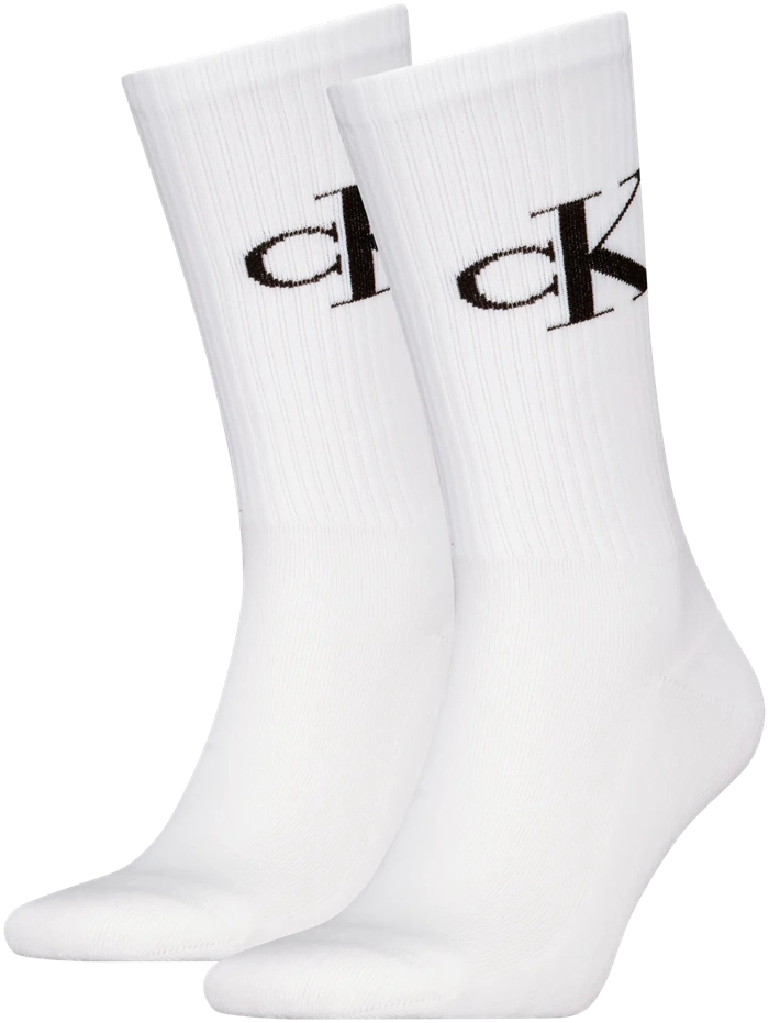Calvin Klein 2 Pack Monogram Mens Socks White front view, featuring black logo, made of cotton, polyamide, elastane.