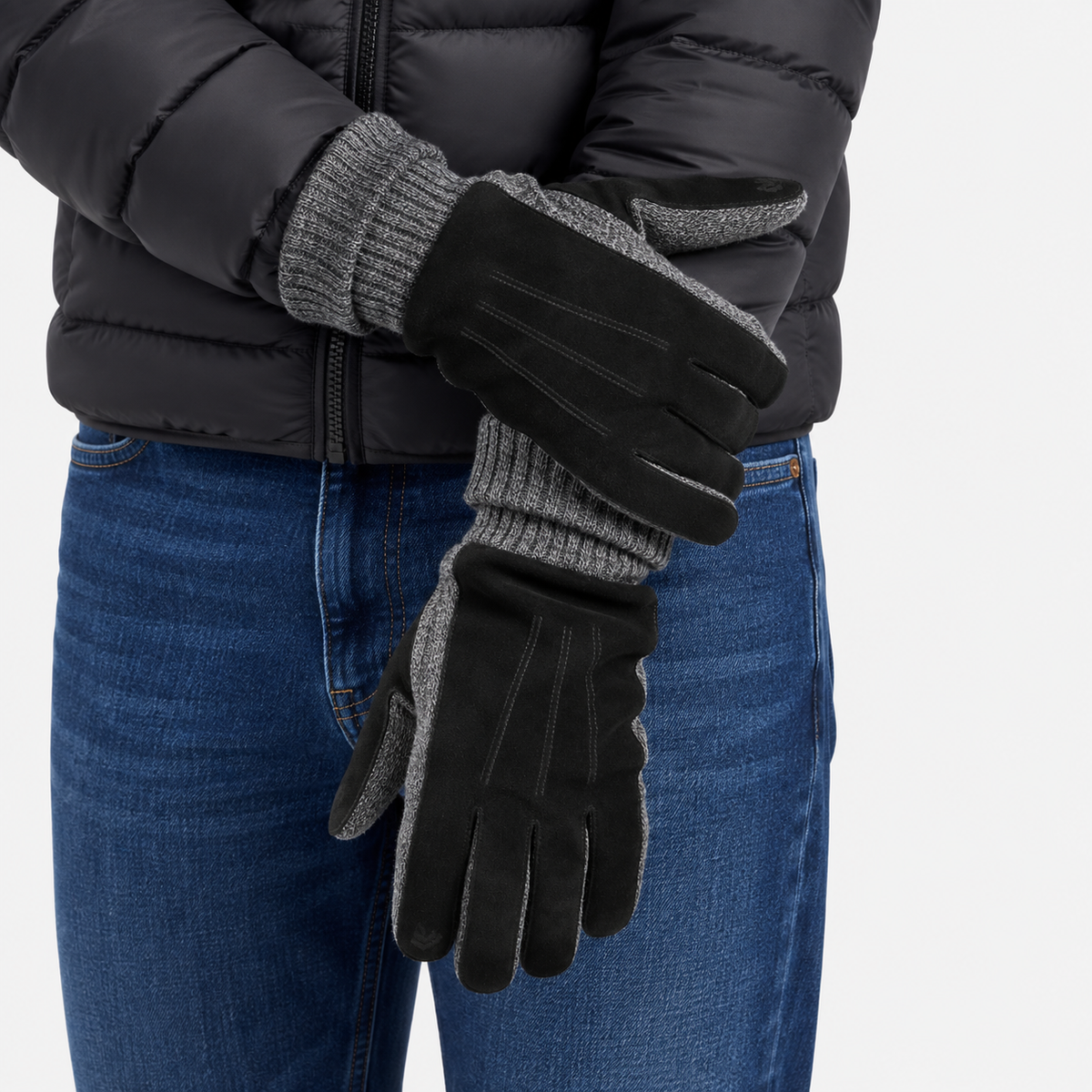 Totes Isotoner SUEDE GLOVE WITH KNIT CUFF Mens Touchscreen Gloves Black