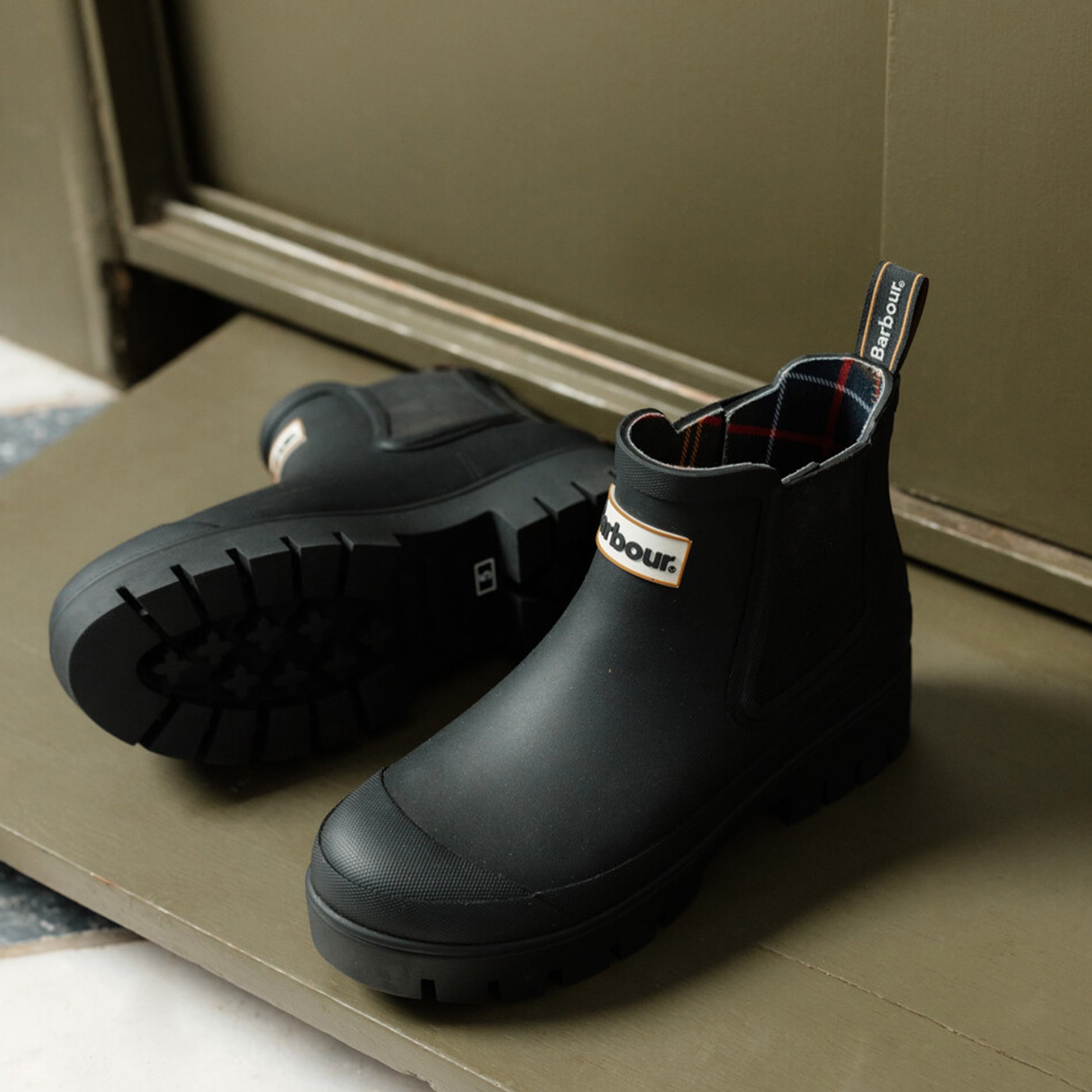 Barbour HALTON Womens Chelsea Wellies Black side view with elasticated side panel and pull-on design.