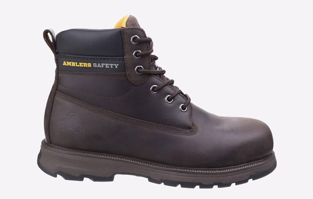 Amblers Safety AS170 Mens Safety Boots Brown side view showing lace-up design, metal toe cap and durable rubber sole.