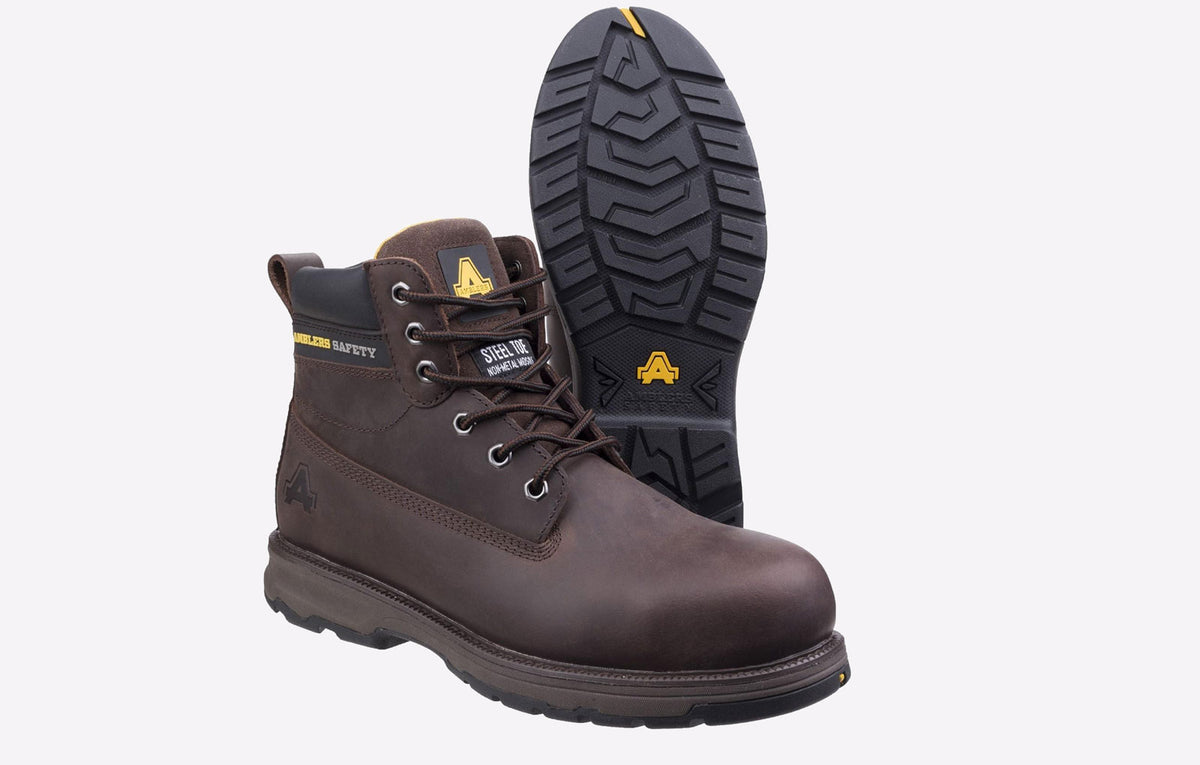 Amblers Safety AS170 Mens Safety Boots Brown front view with rubber sole visible, showcasing lace-up design and ankle height.