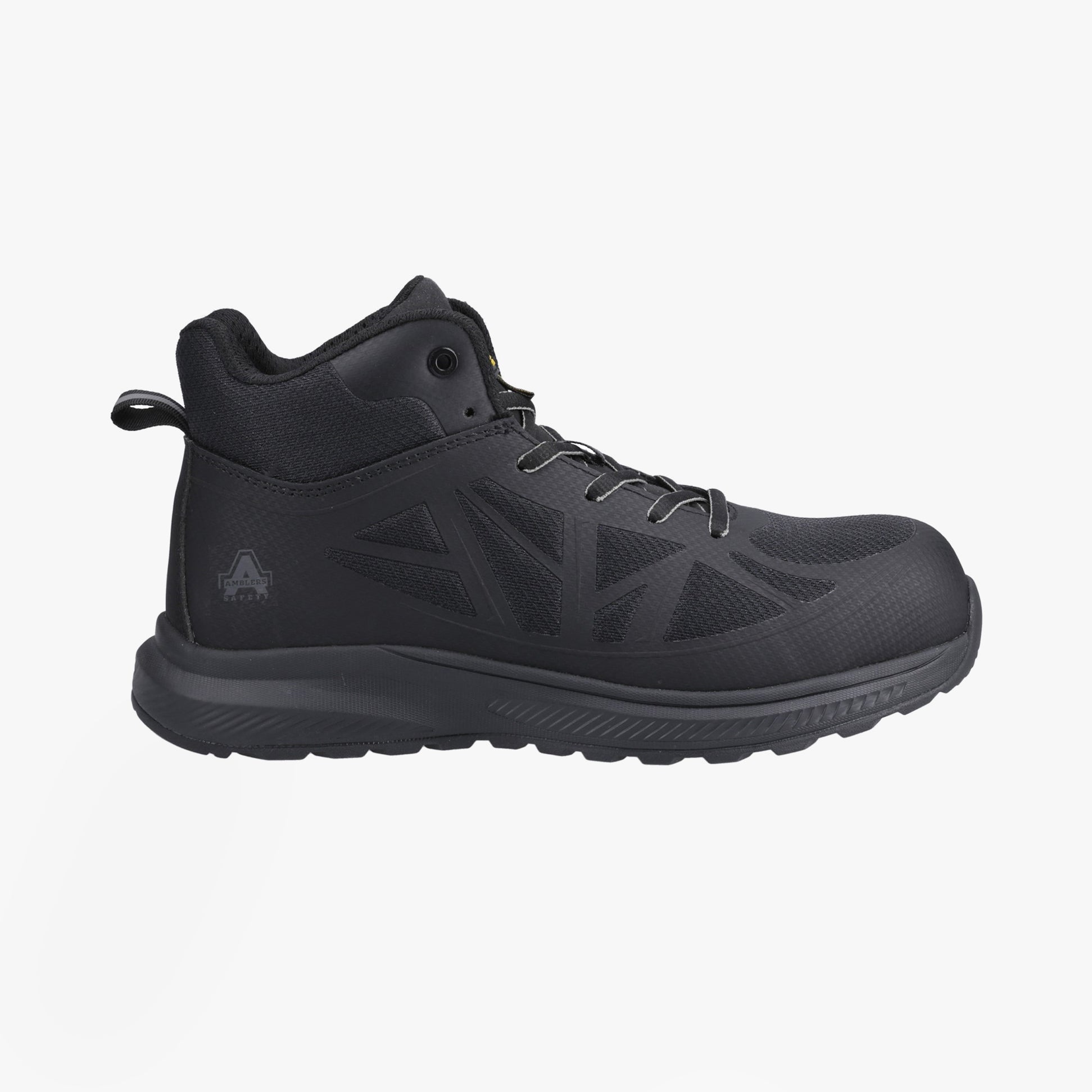 Amblers Safety RELAY Mens Safety Hiker Boots Black side view featuring lace-up closure and mesh lining.