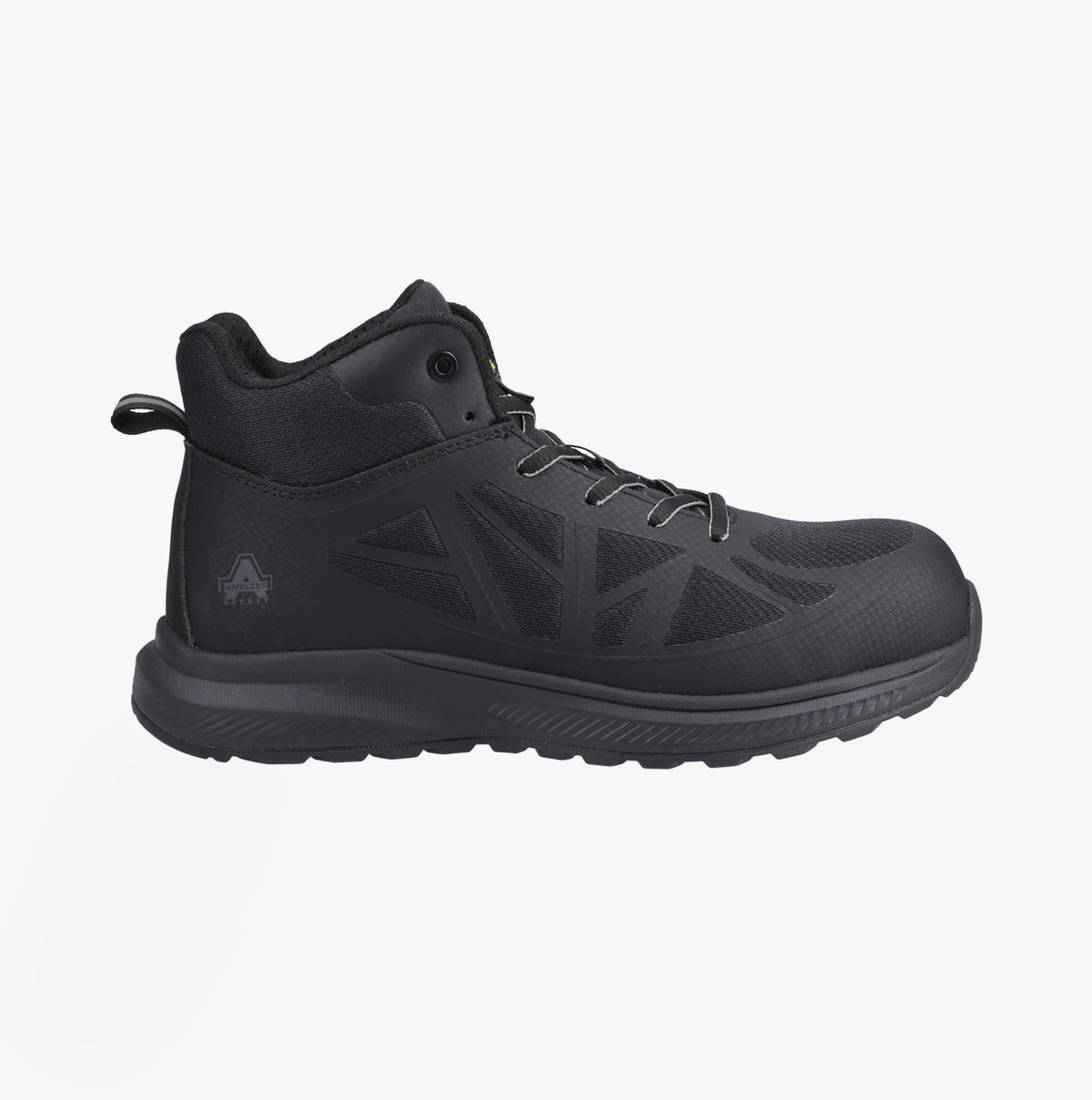 Amblers Safety RELAY Mens Safety Hiker Boots Black side view featuring lace-up closure and mesh lining.