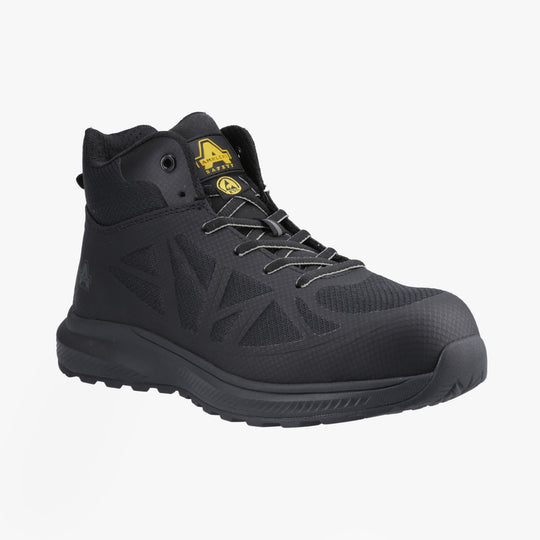 Amblers Safety RELAY Mens Safety Hiker Boots Black side view showing lightweight design and lace-up fastening features.
