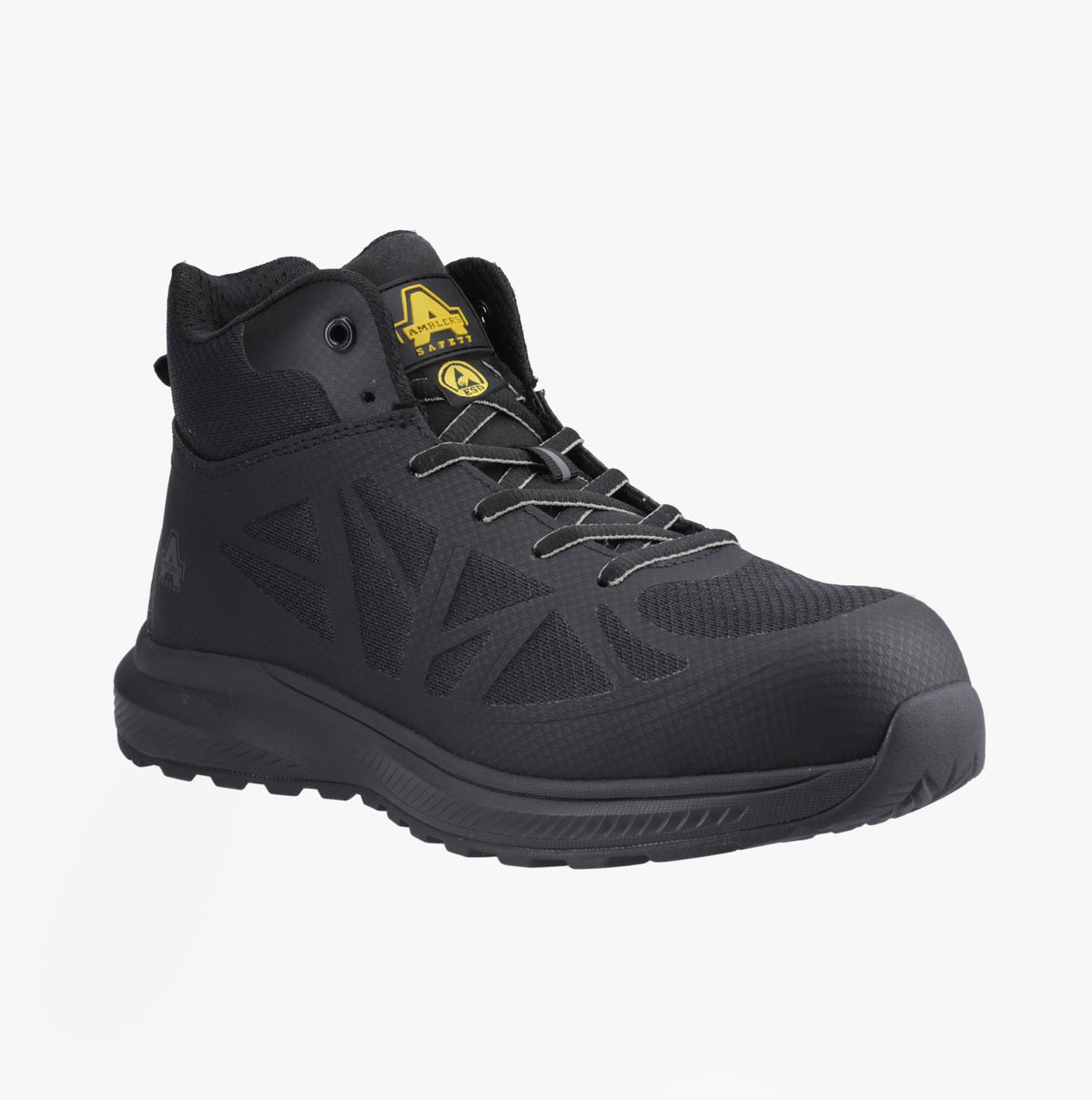 Amblers Safety RELAY Mens Safety Hiker Boots Black side view showing lightweight design and lace-up fastening features.