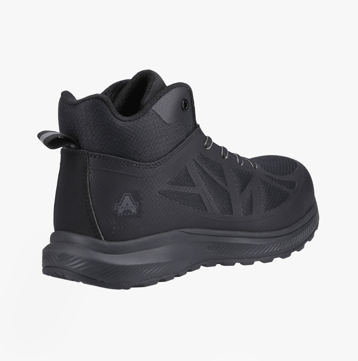 Amblers Safety RELAY Mens Safety Hiker Boots Black side view showcasing the ankle height and lace-up design.
