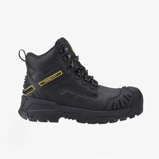 Amblers Safety MARY Womens Safety Boots Black side view showing strong rubber sole and lace-up design.