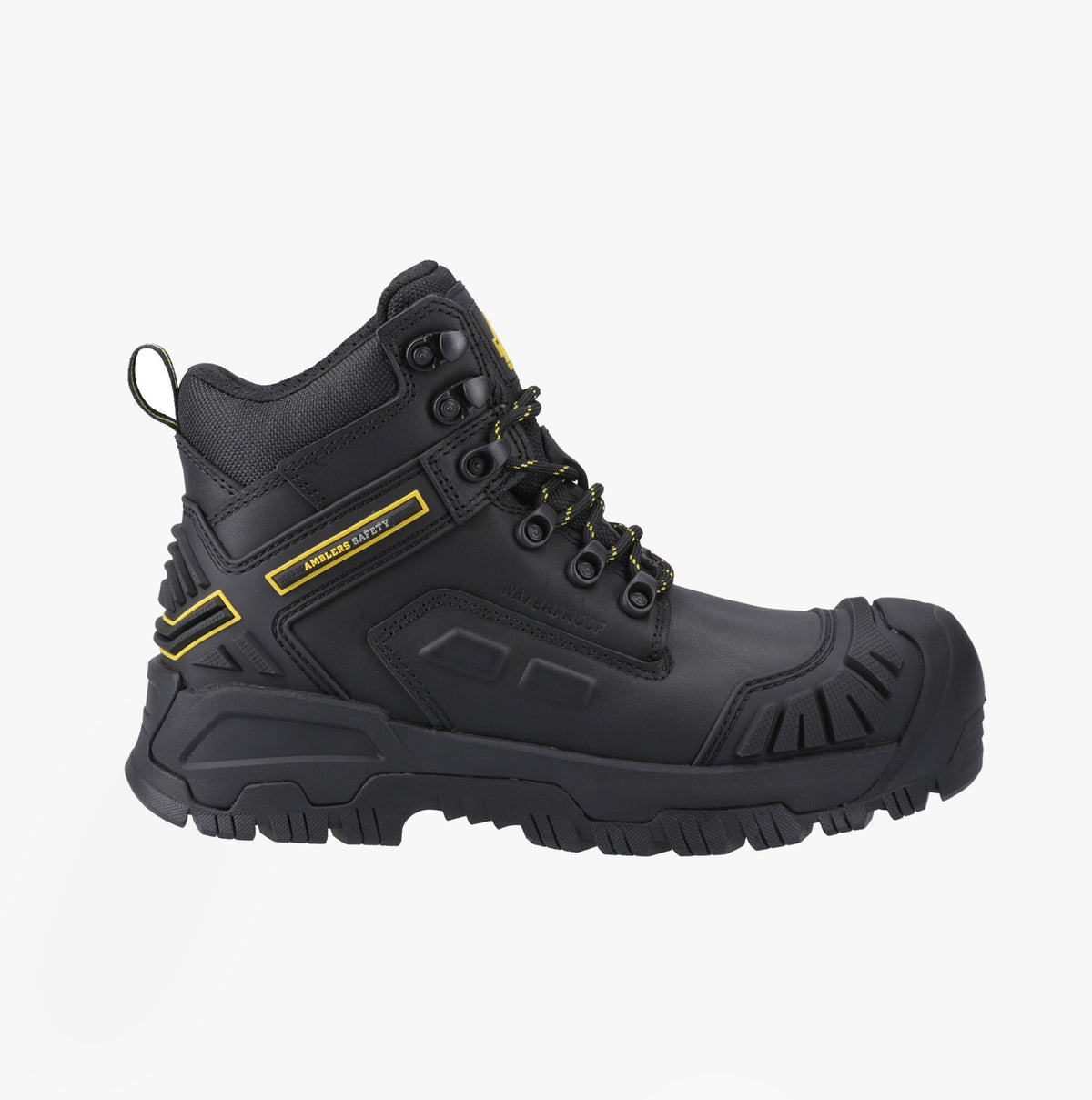 Amblers Safety MARY Womens Safety Boots Black side view showing strong rubber sole and lace-up design.
