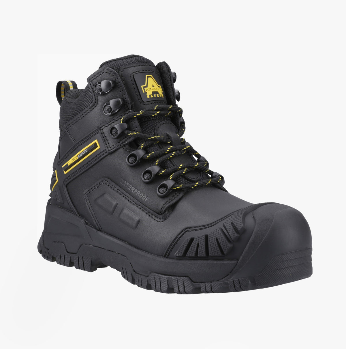 Amblers Safety MARY Womens Safety Boots Black side view showing lace-up design and rubber sole with comfort features.