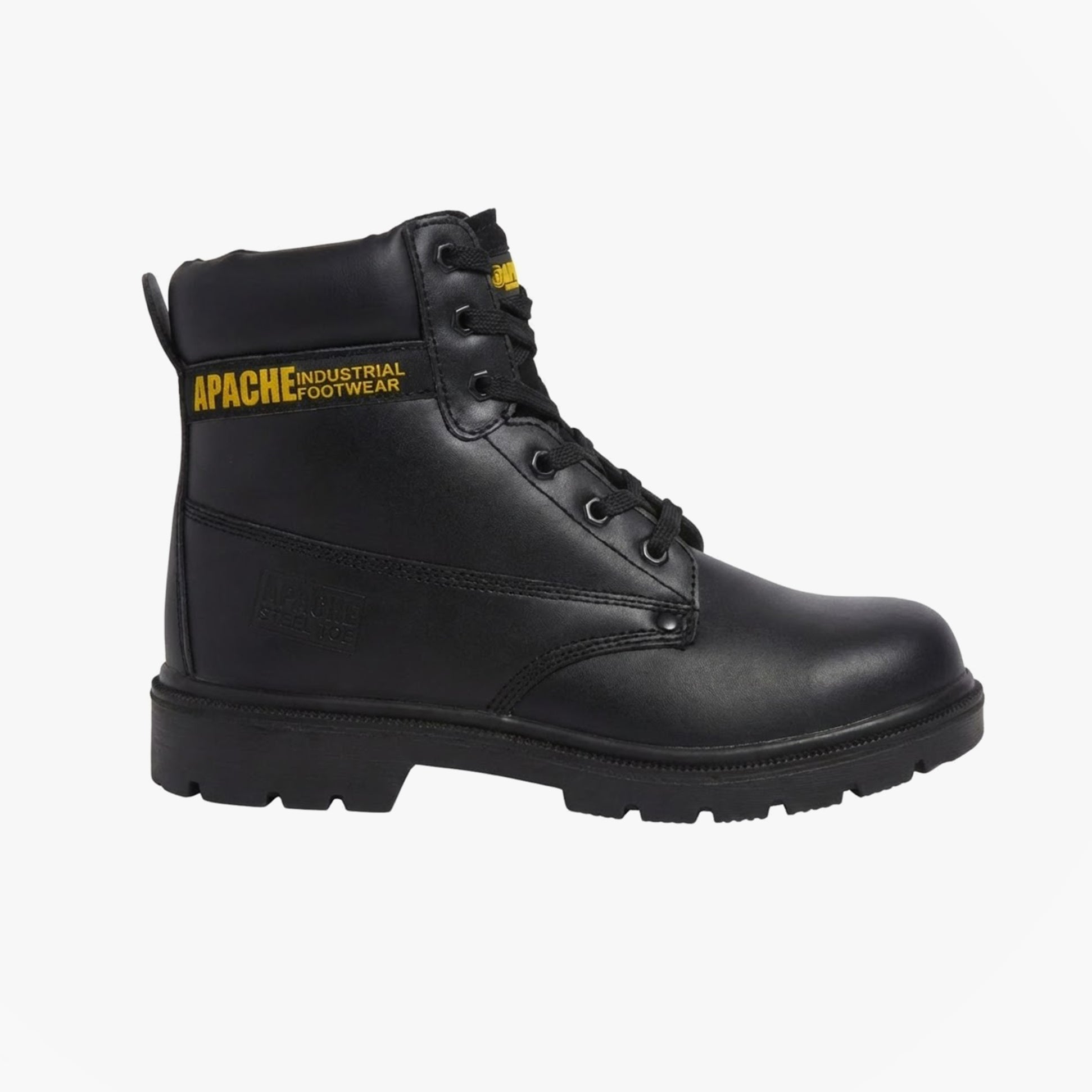 Apache AP300 Unisex Boots Black side view, featuring round toe shape, lace-up closure, and rubber sole.