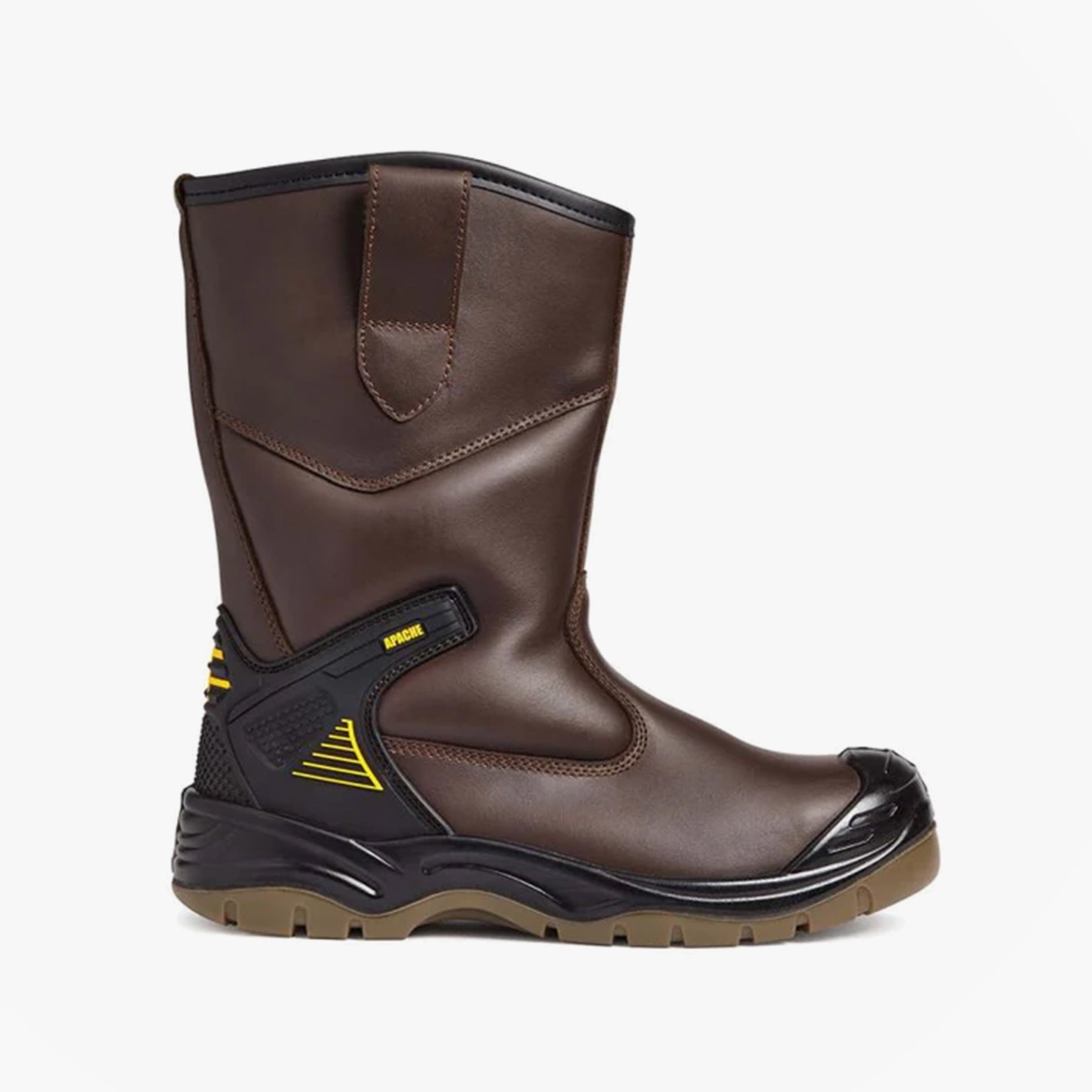 Apache AP305 Unisex Rigger Boots Brown side view showcasing leather upper and rubber sole.