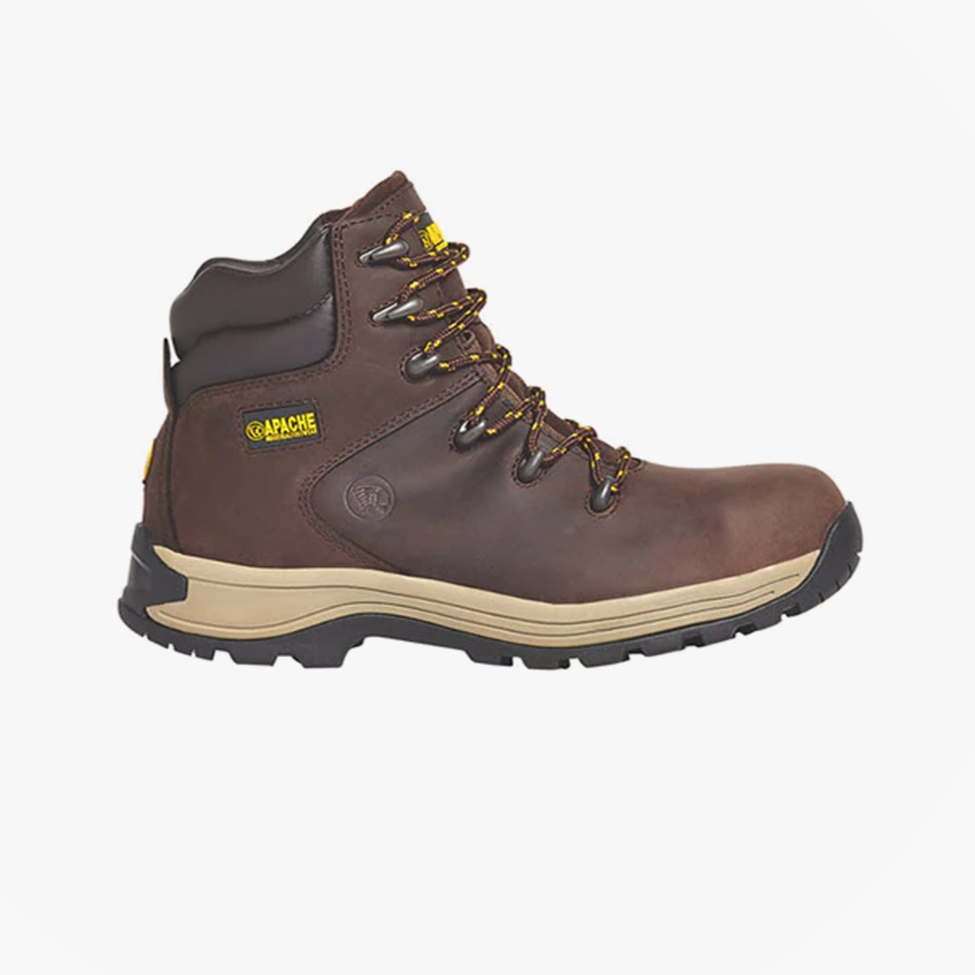 Apache AP315CM Mens Boots Brown side view showcasing lace-up design and rubber sole for safety and comfort.