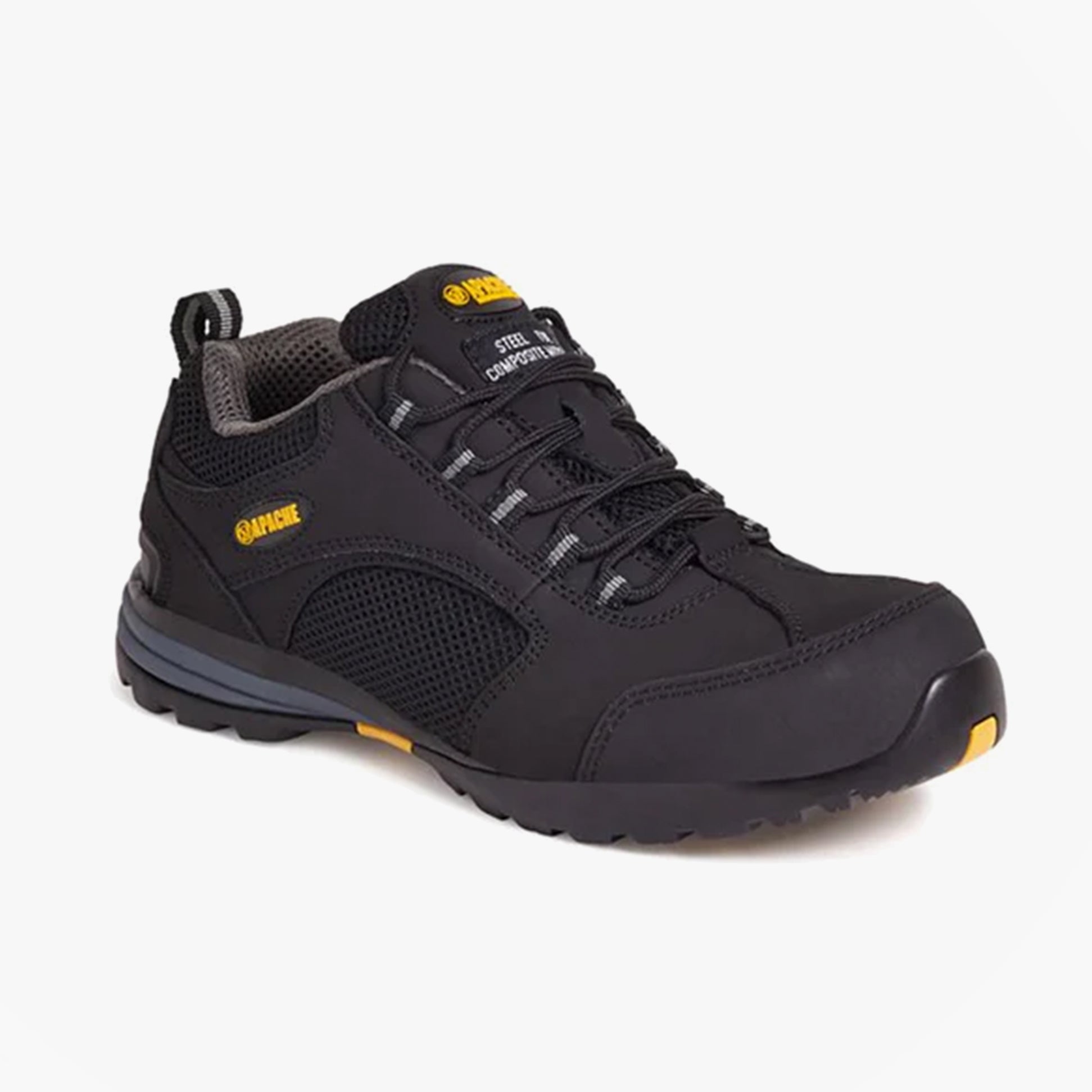 Apache AP318SM Mens Trainers Black side view with lace-up closure, low top design, and rubber sole.