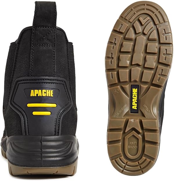 Apache AP714SM Mens Dealer Boots Black back view and sole, highlighting comfort and anti-shock features.
