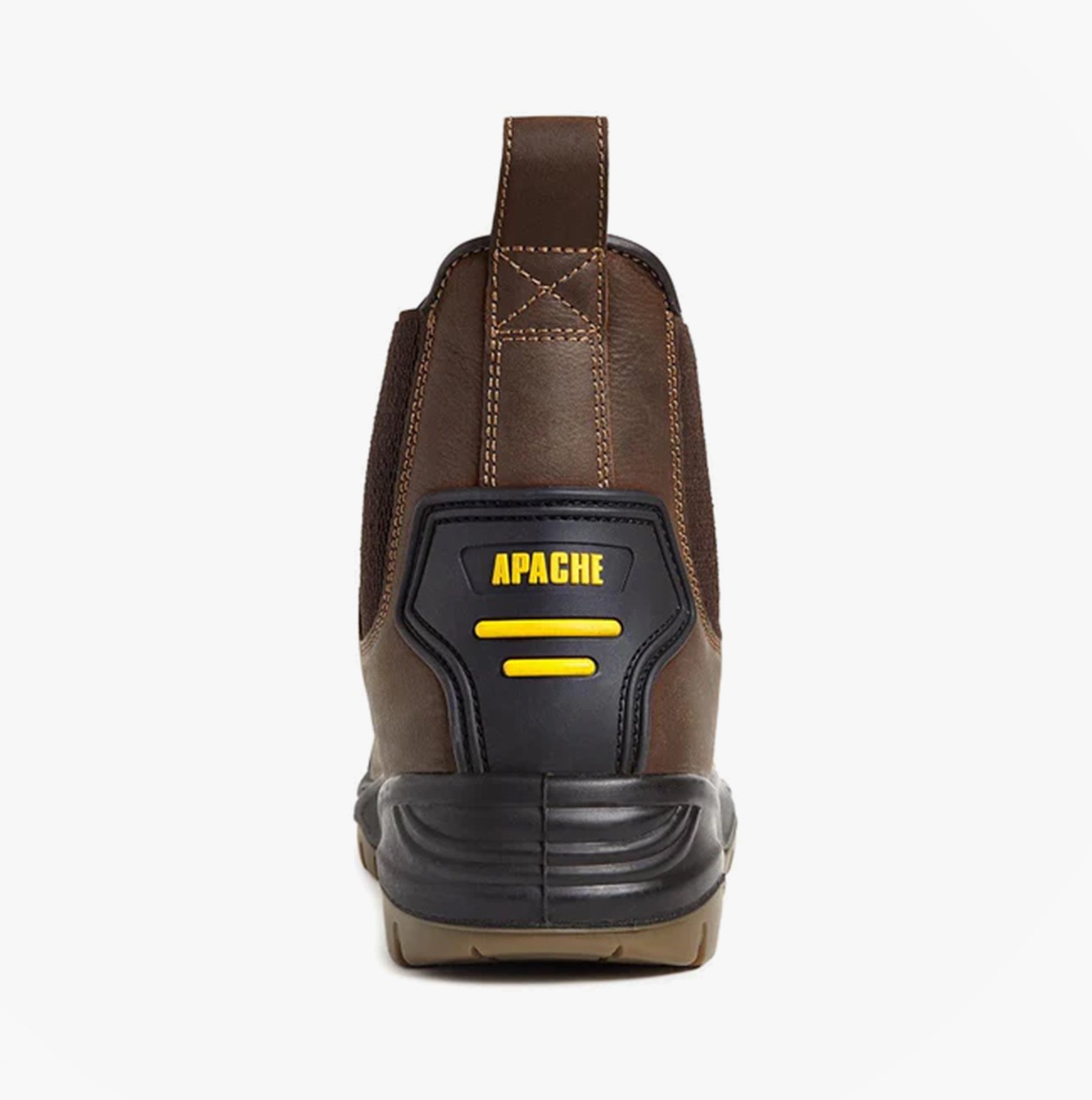 Apache AP715SM Unisex Dealer Boots Brown rear view showcasing the durable leather upper and anti-static sole features.