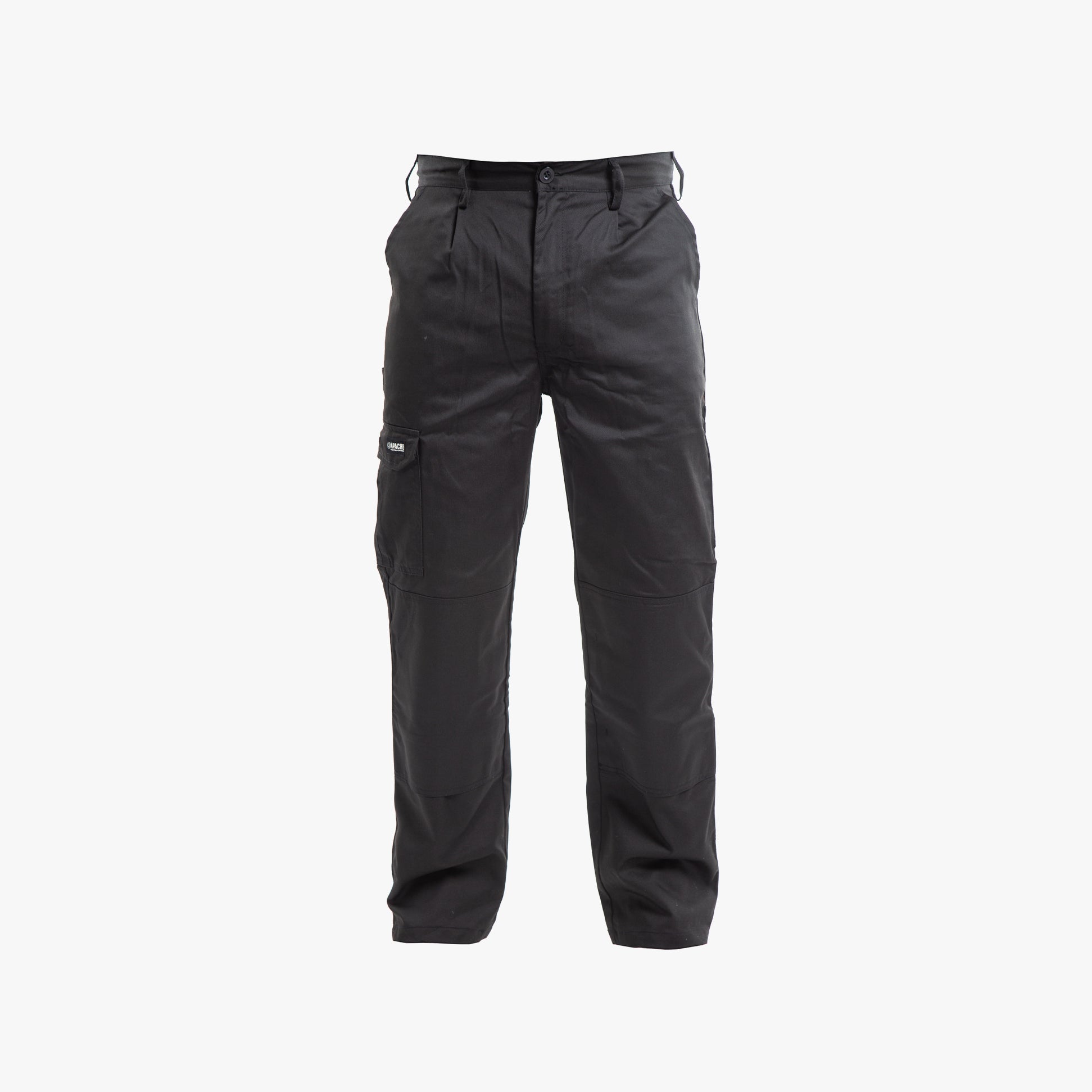 Apache APIND Mens Workwear Trousers Black front view showcasing knee pad pocket and multiple storage pockets.