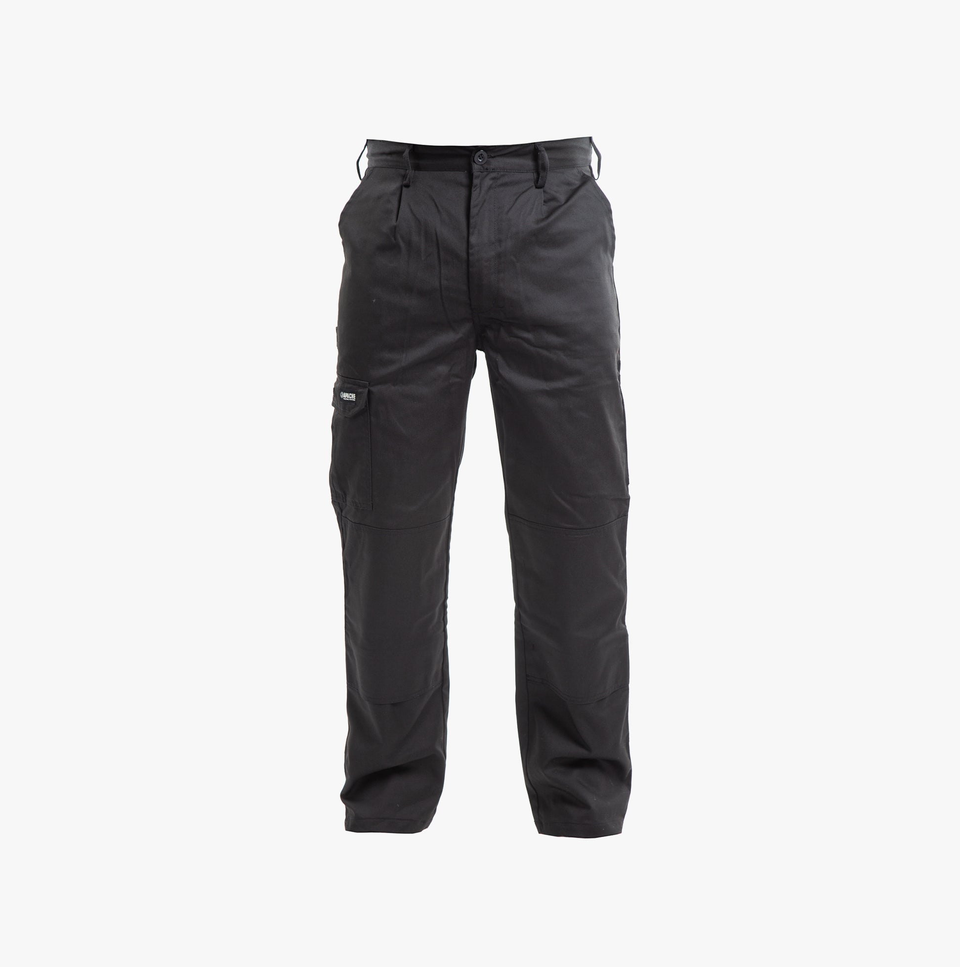 Apache APIND Mens Workwear Trousers Black front view showcasing knee pad pocket and multiple storage pockets.