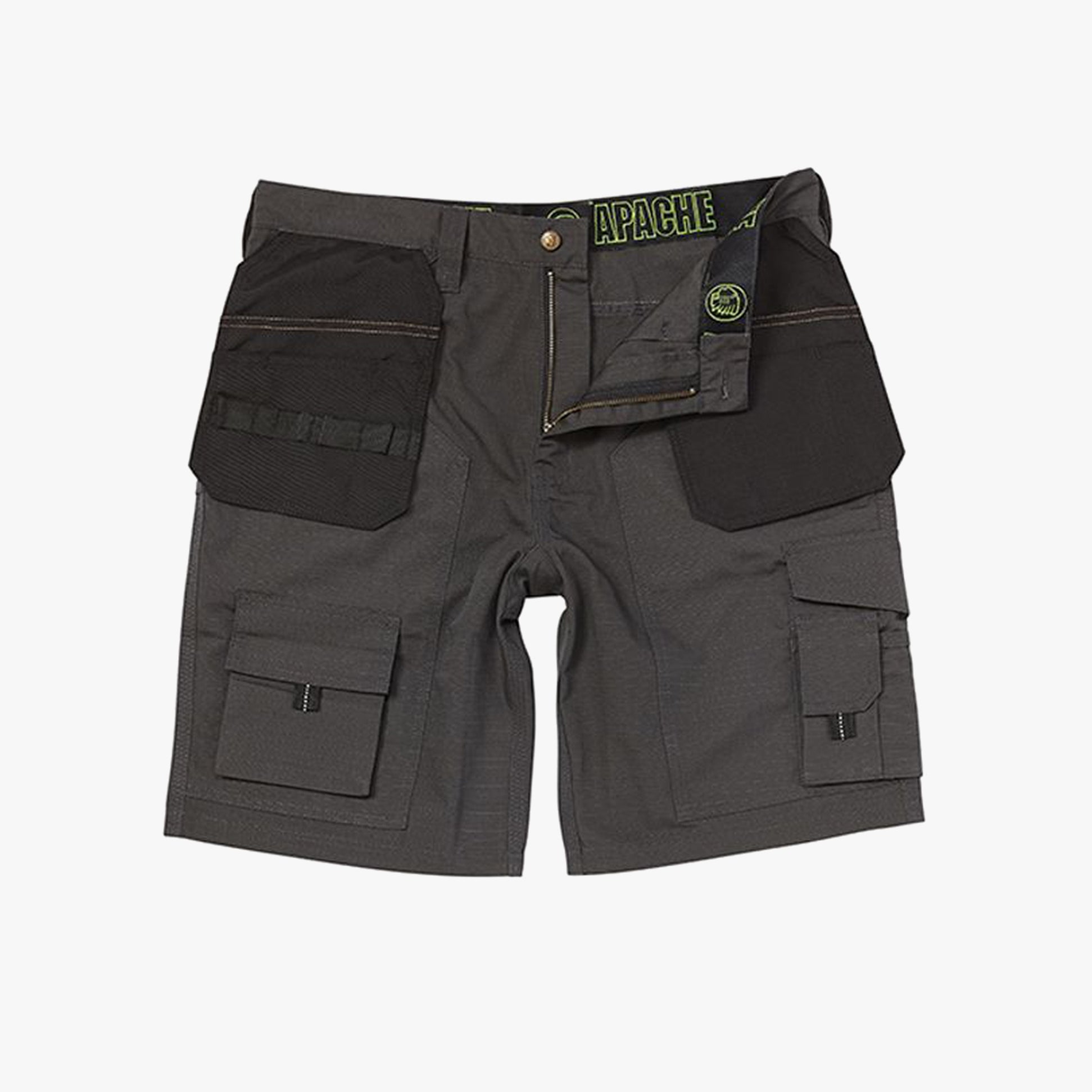 Apache APKHT Mens Shorts Grey front view showcasing utility pockets and ripstop polycotton fabric.