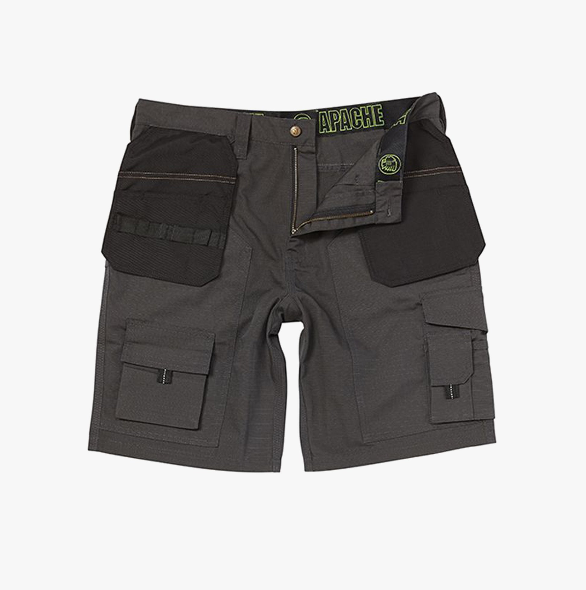 Apache APKHT Mens Shorts Grey front view showcasing utility pockets and ripstop polycotton fabric.