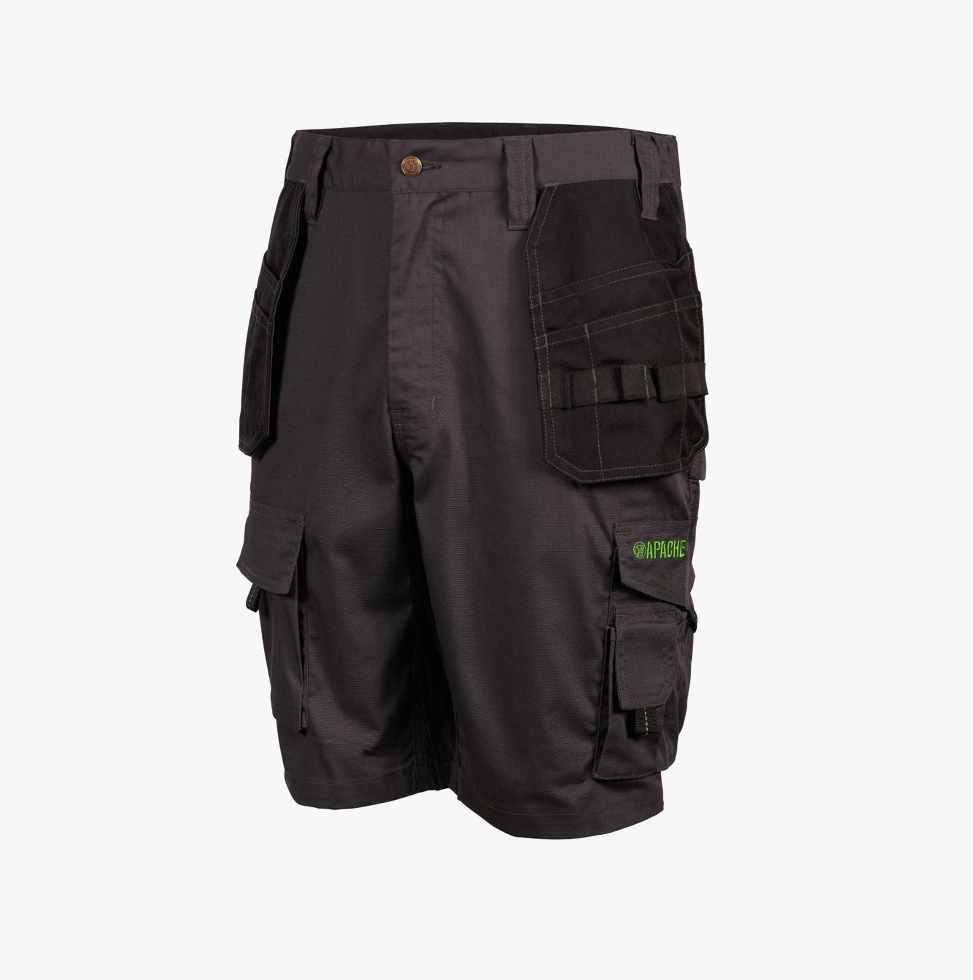 Apache APKHT Mens Shorts Grey front view showing utility pockets and low rise waist.