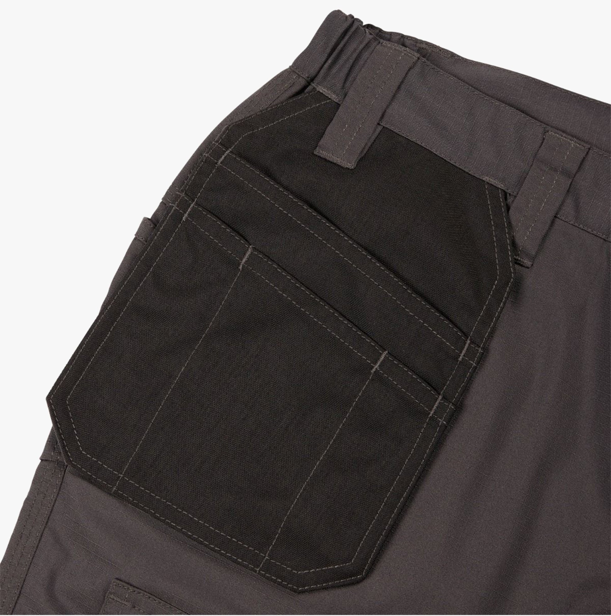 Detail view of Apache APKHT Mens Shorts Grey showing utility pocket design and reinforced stitching.