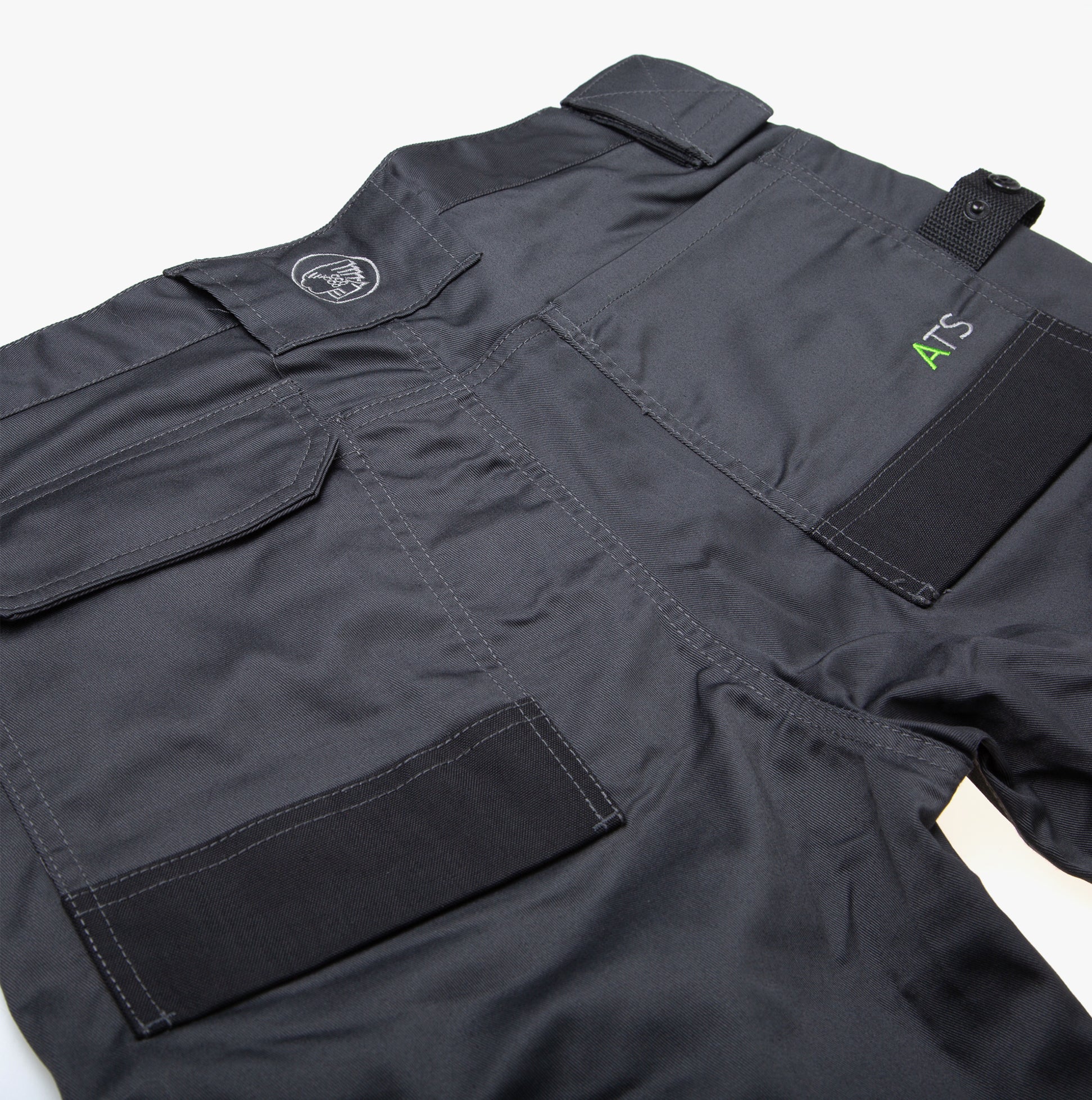 Apache ATS Mens Trousers Grey back view showcasing pockets and Cordura-reinforced knee pad pockets.