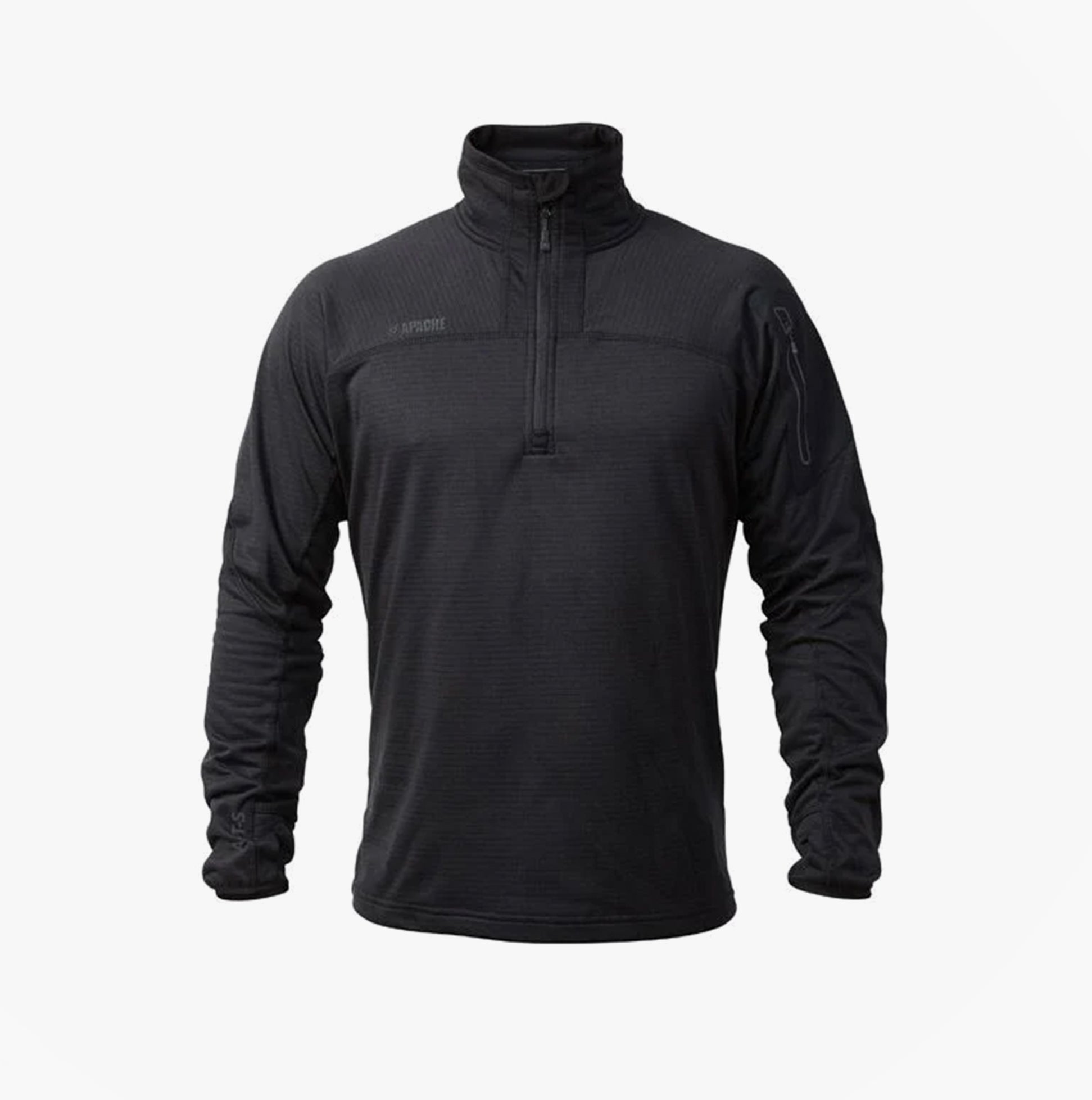 Apache ATS TECH Mens Quarter-Zip Fleece Black - front view showcasing bonded zip pocket and thumb loops.