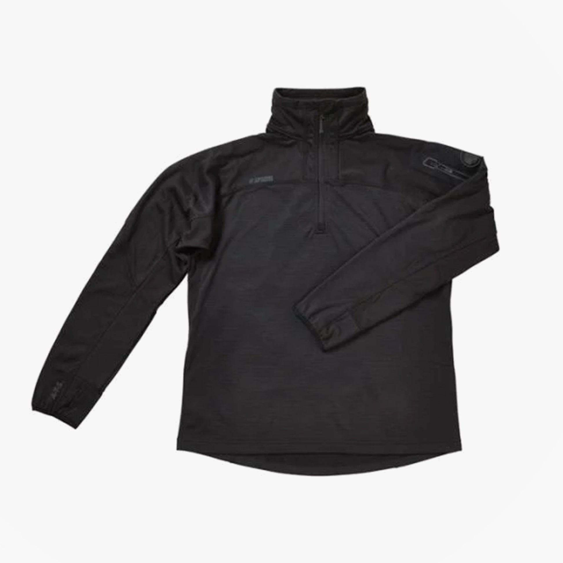 Apache ATS TECH Mens Quarter-Zip Fleece Black front view showcasing the bonded zip pocket and thumb loops.