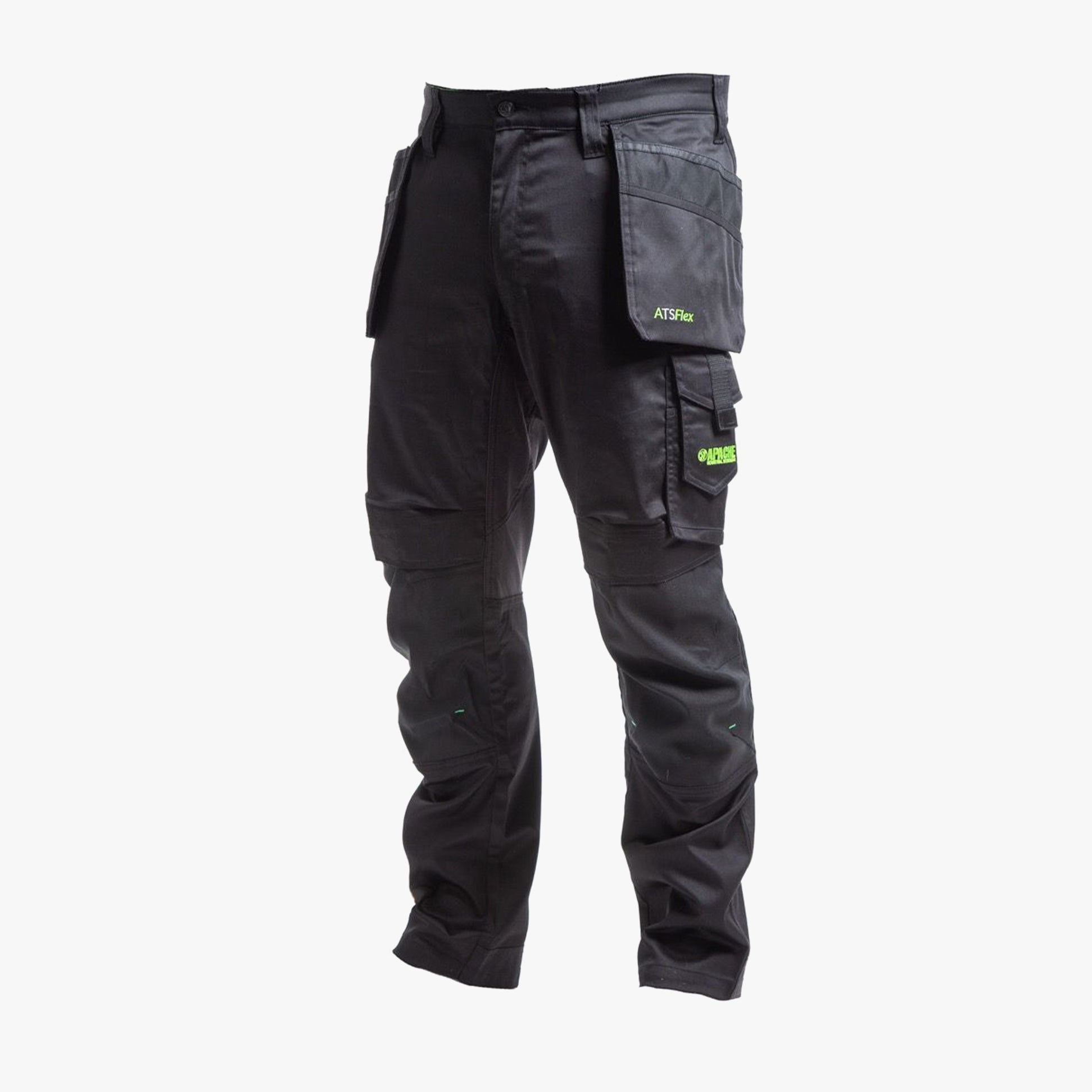 Apache BANCROFT Mens Trousers Black side view showcasing multiple utility pockets and durable material.